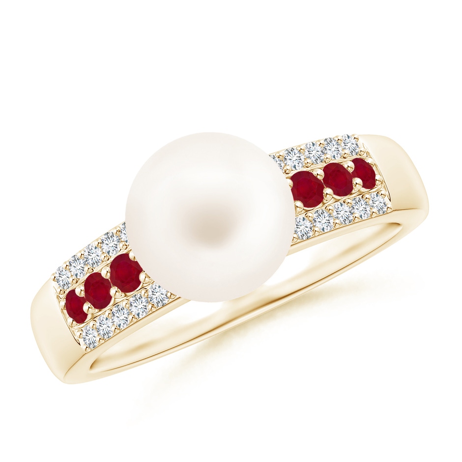 8mm AA Freshwater Pearl Ring with Rubies in Yellow Gold 