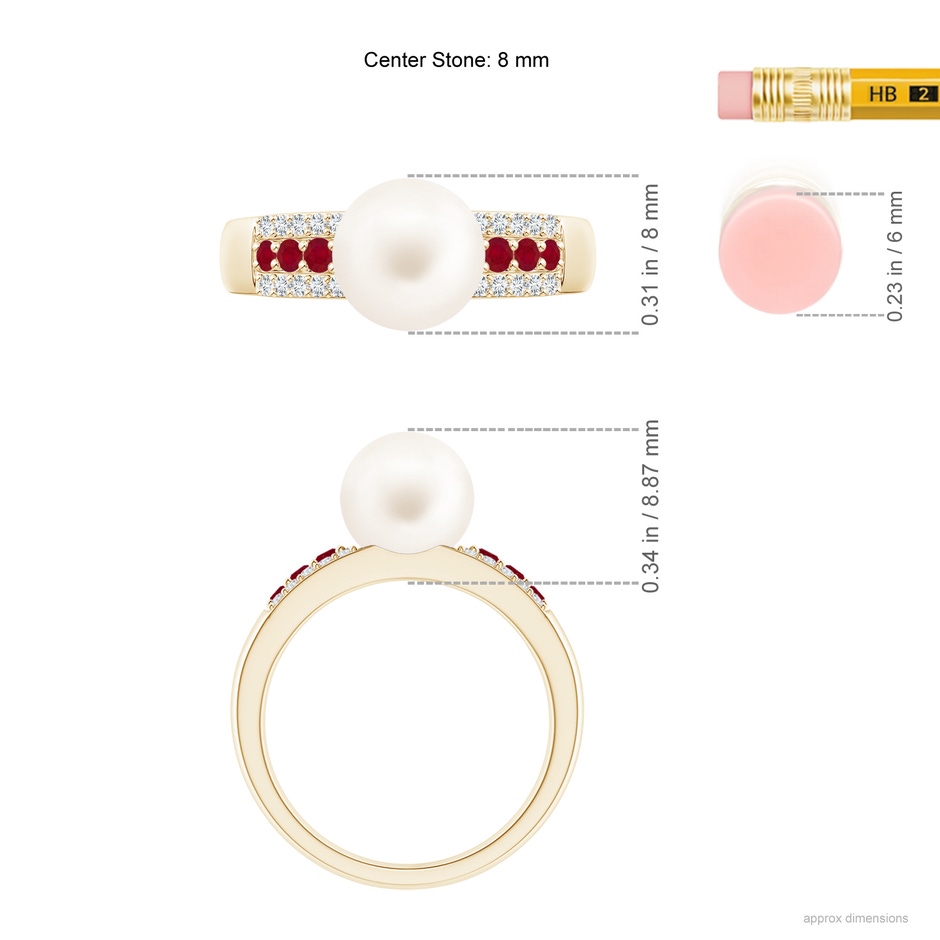 8mm AA Freshwater Pearl Ring with Rubies in Yellow Gold ruler