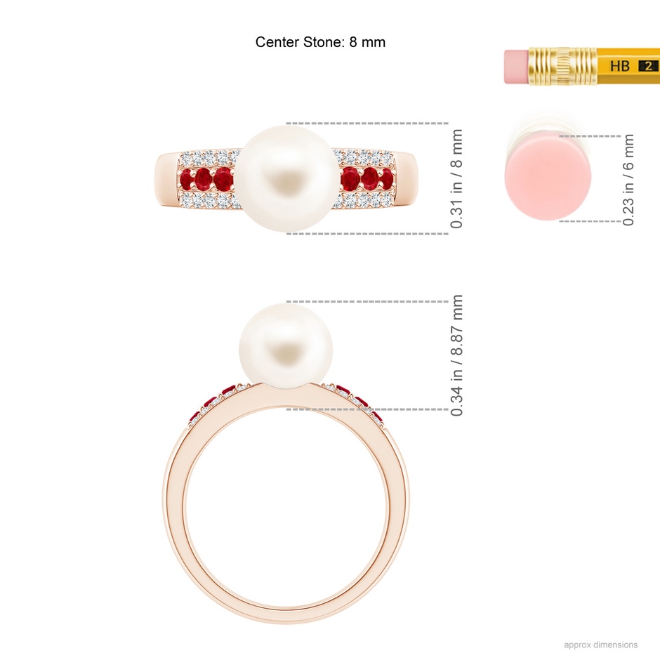 8mm AAA Freshwater Pearl Ring with Rubies in Rose Gold ruler