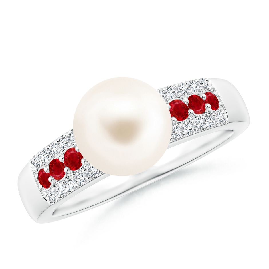 8mm AAA Freshwater Pearl Ring with Rubies in White Gold 
