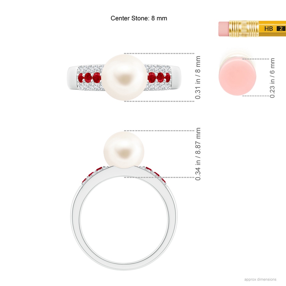 8mm AAA Freshwater Pearl Ring with Rubies in White Gold ruler