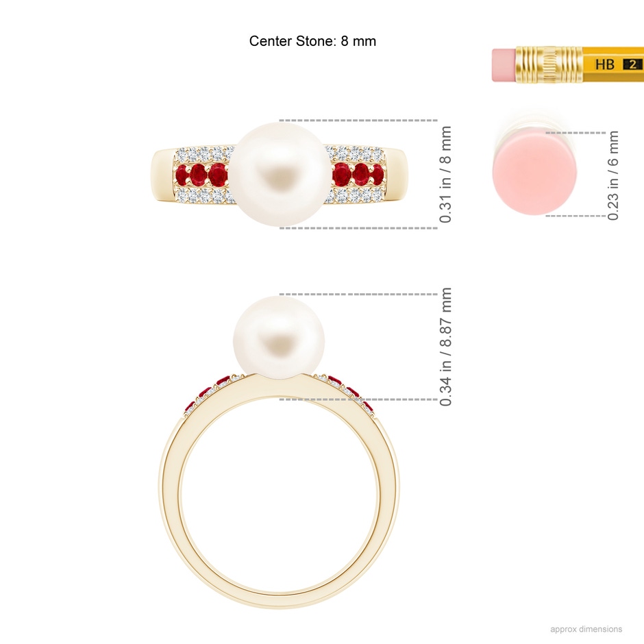 8mm AAA Freshwater Pearl Ring with Rubies in Yellow Gold ruler