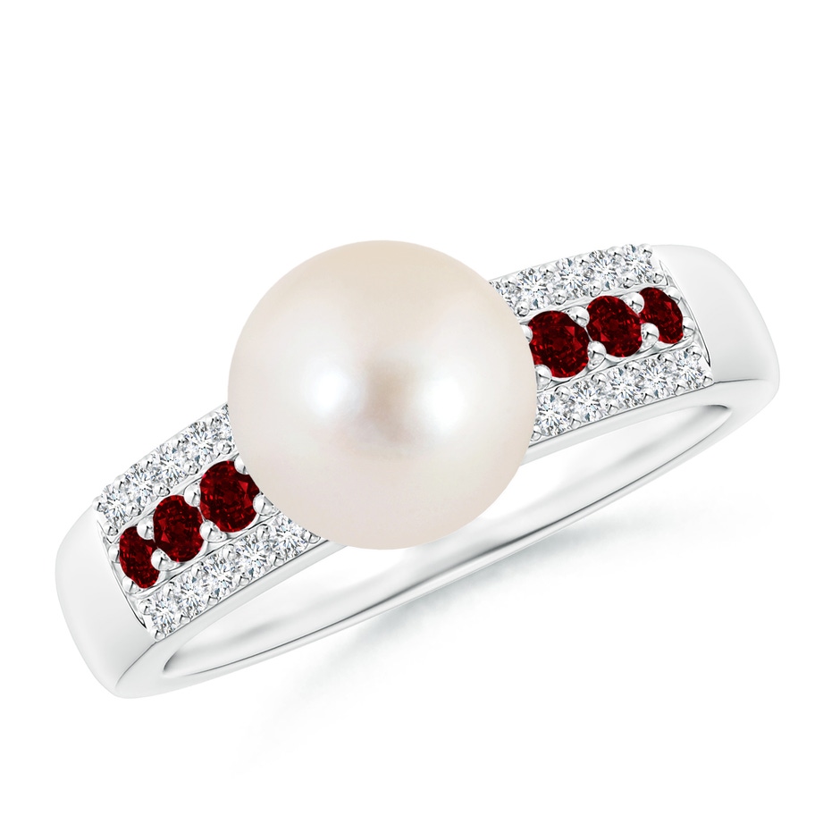 8mm AAAA Freshwater Pearl Ring with Rubies in White Gold 