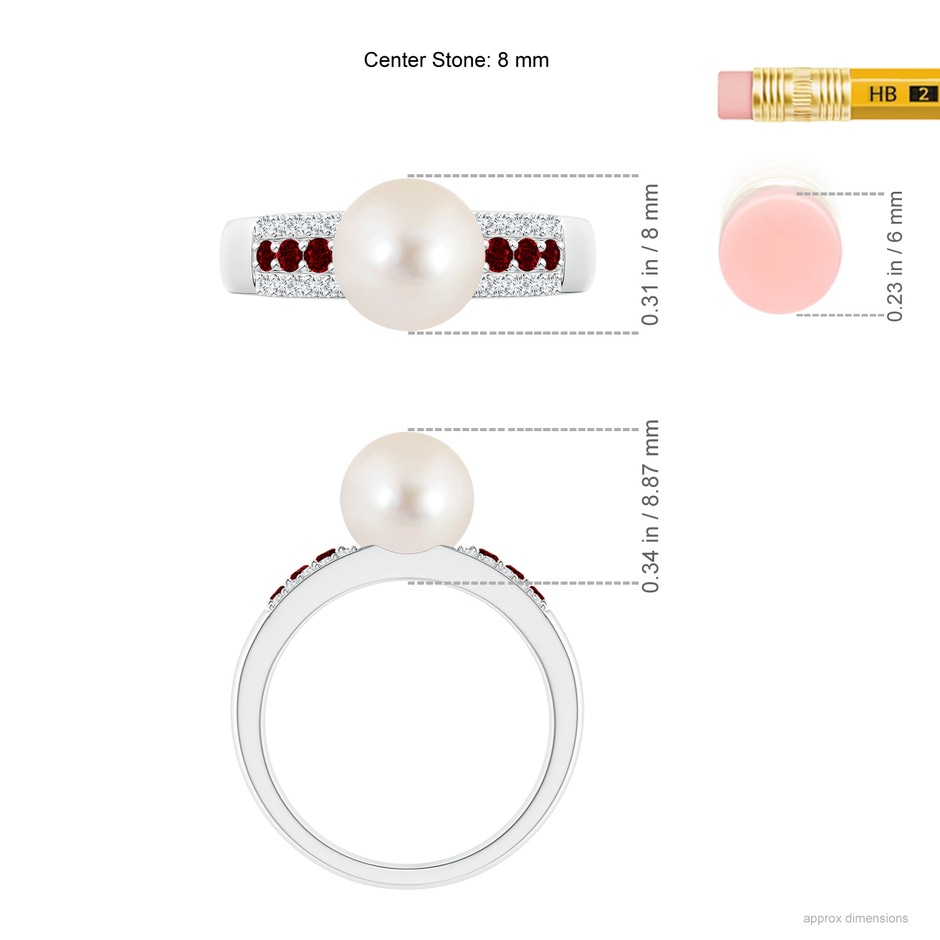8mm AAAA Freshwater Pearl Ring with Rubies in White Gold ruler