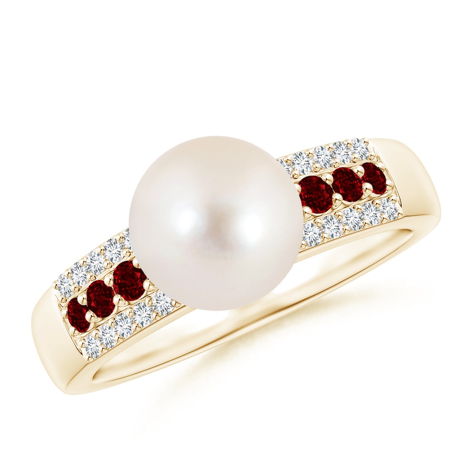 8mm AAAA Freshwater Pearl Ring with Rubies in Yellow Gold 