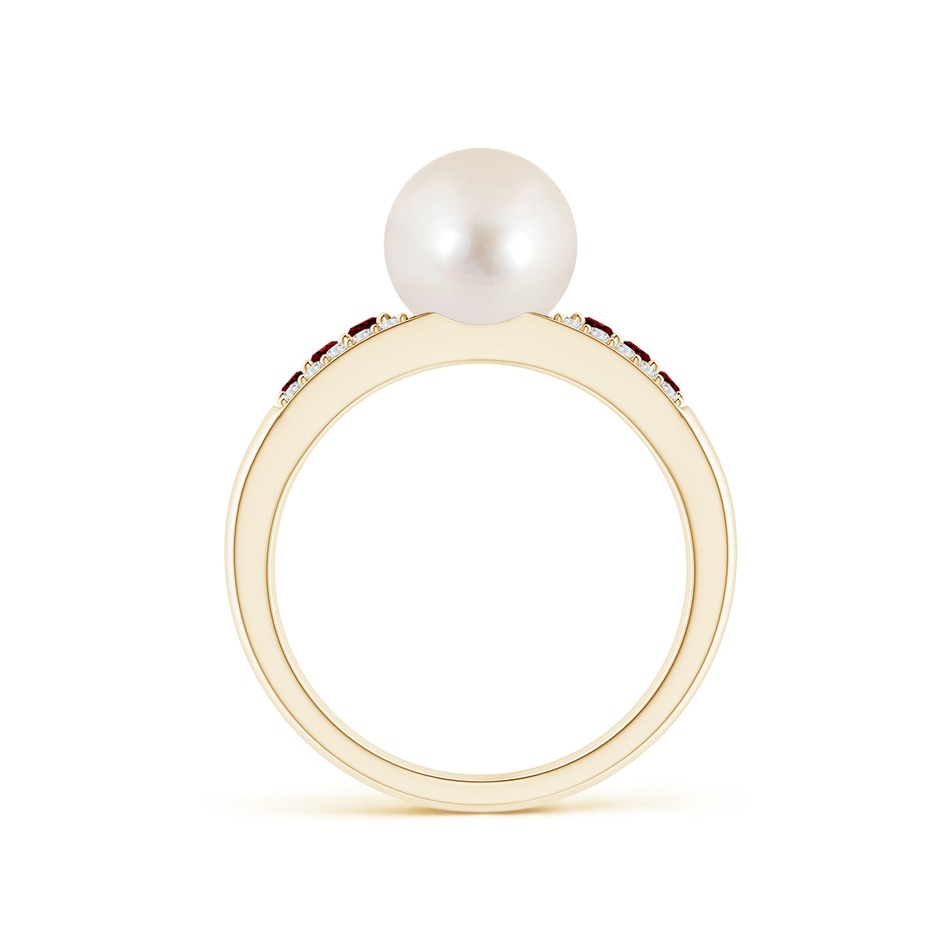8mm AAAA Freshwater Pearl Ring with Rubies in Yellow Gold side 1