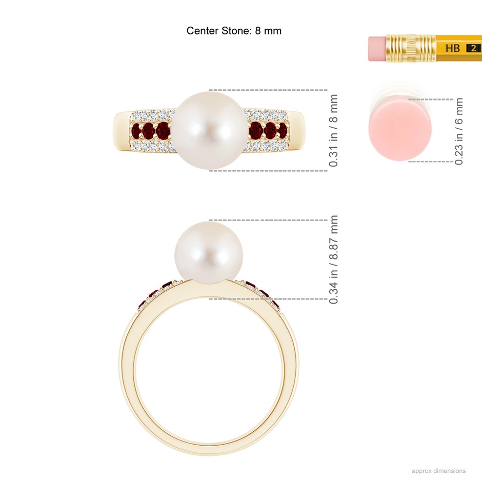 8mm AAAA Freshwater Pearl Ring with Rubies in Yellow Gold ruler