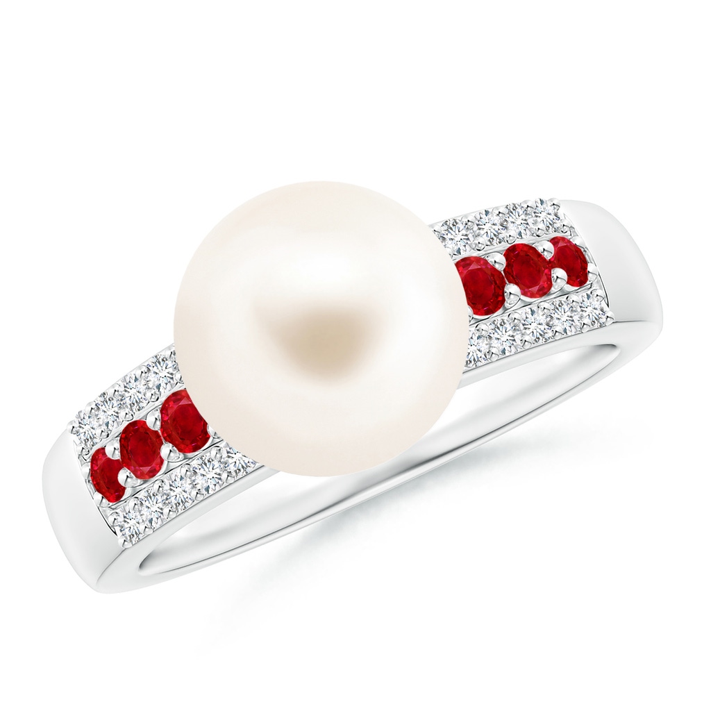 9mm AAA Freshwater Pearl Ring with Rubies in White Gold