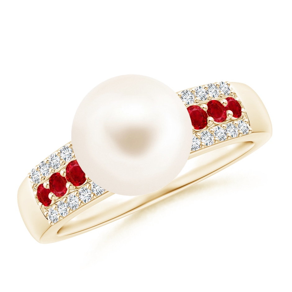 9mm AAA Freshwater Pearl Ring with Rubies in Yellow Gold 