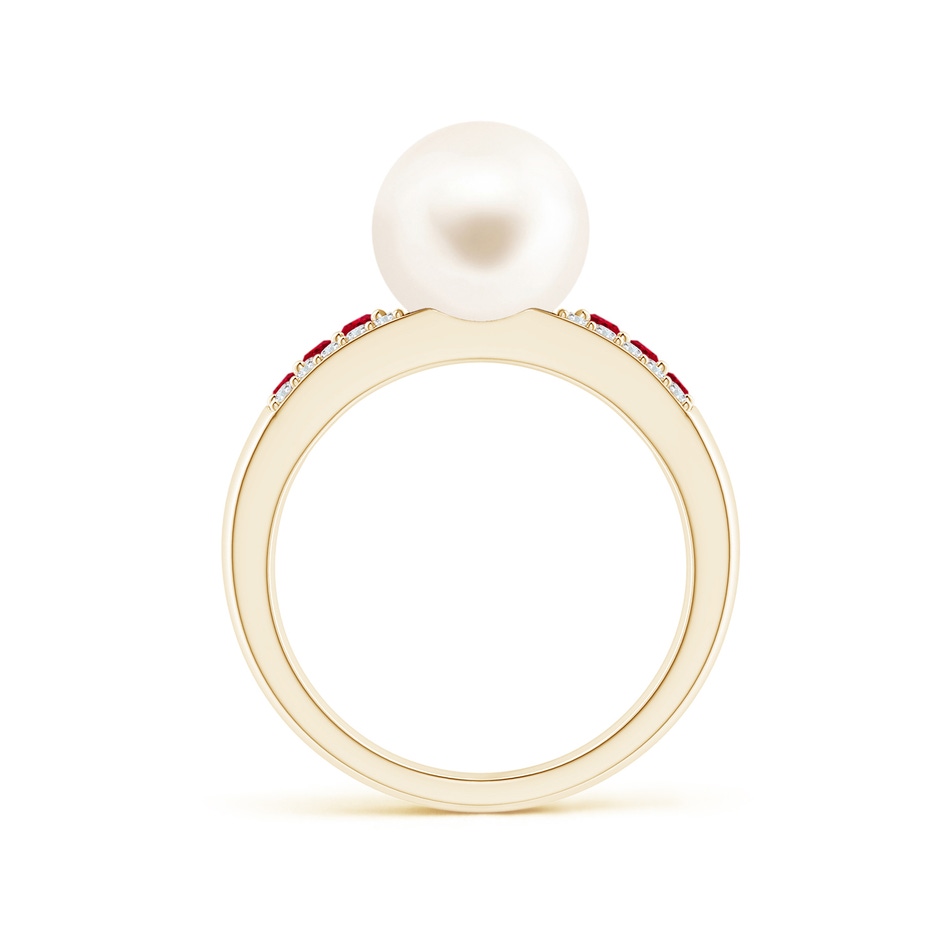 9mm AAA Freshwater Pearl Ring with Rubies in Yellow Gold side 1