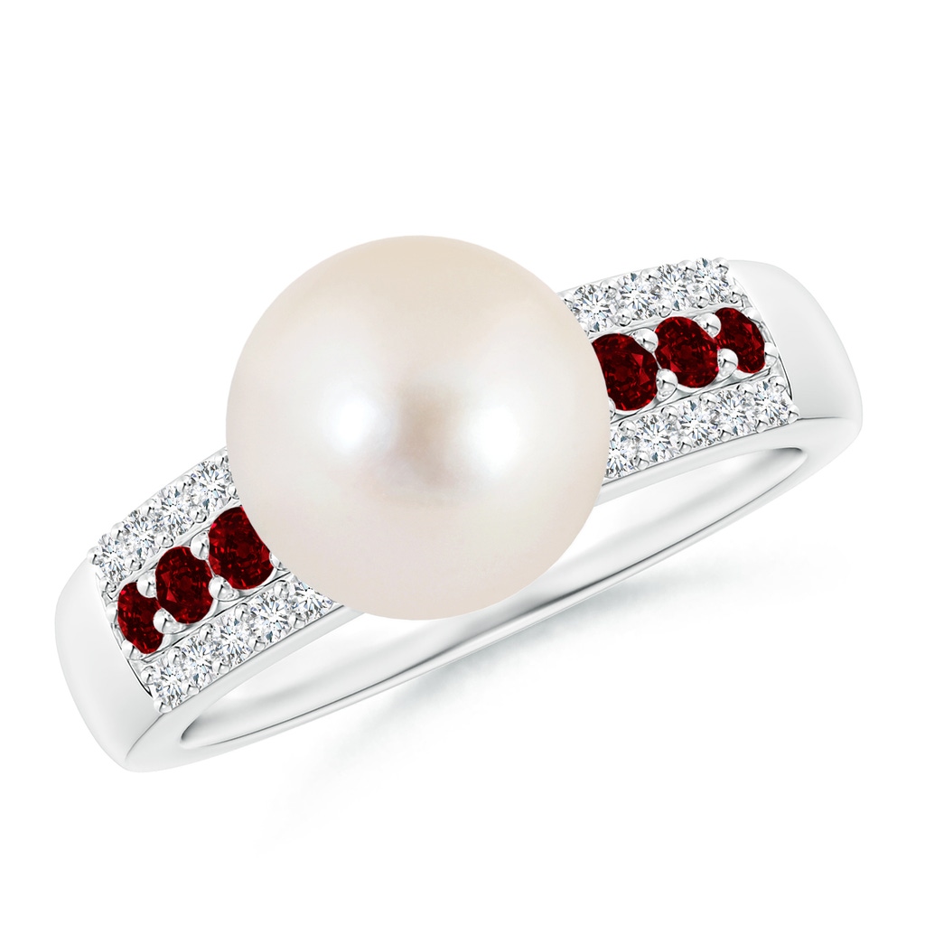 9mm AAAA Freshwater Pearl Ring with Rubies in White Gold