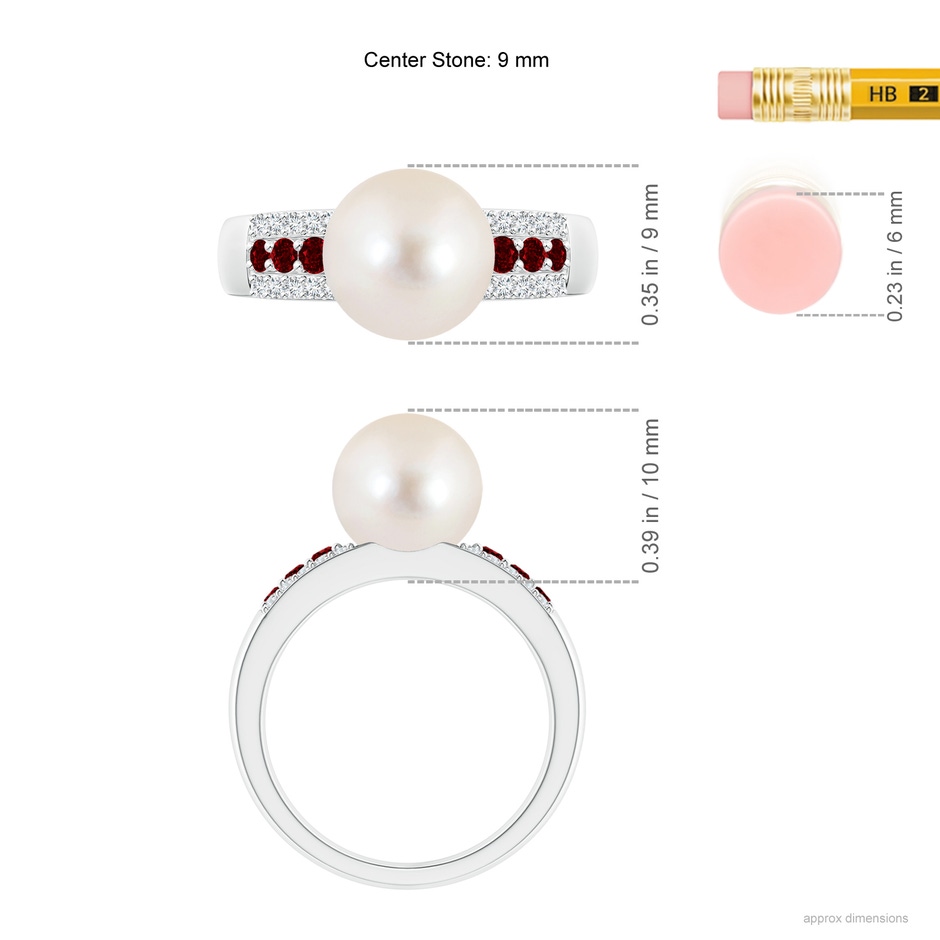 9mm AAAA Freshwater Pearl Ring with Rubies in White Gold ruler