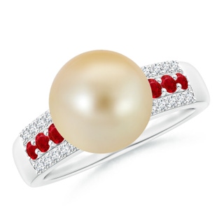 10mm AAA Golden South Sea Pearl Ring with Rubies in White Gold