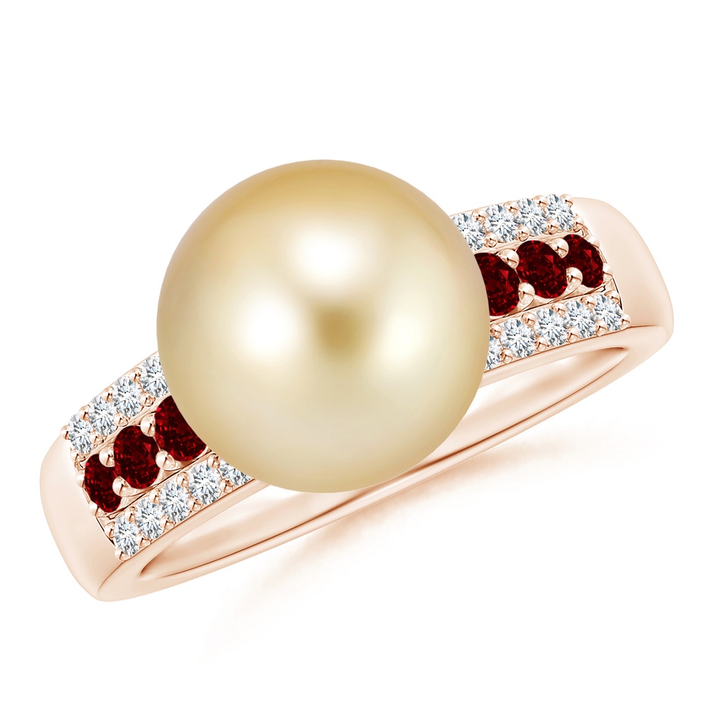 10mm AAAA Golden South Sea Pearl Ring with Rubies in Rose Gold