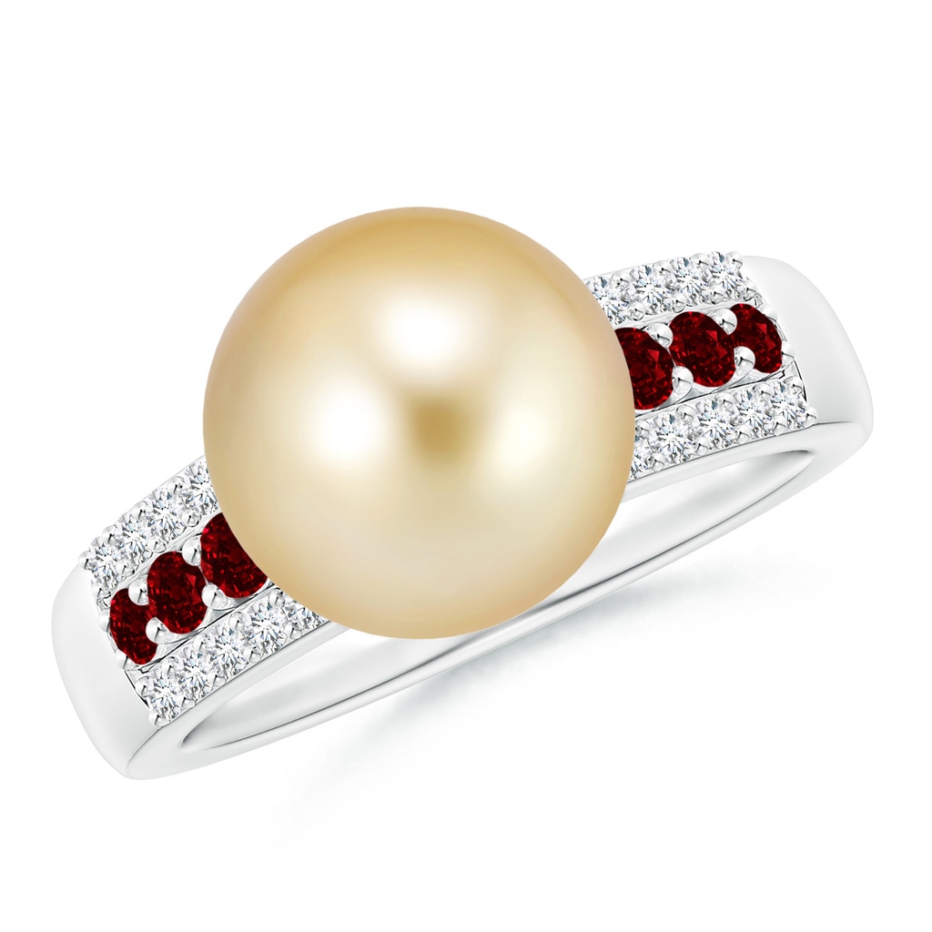 10mm AAAA Golden South Sea Pearl Ring with Rubies in White Gold