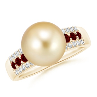 10mm AAAA Golden South Sea Pearl Ring with Rubies in Yellow Gold