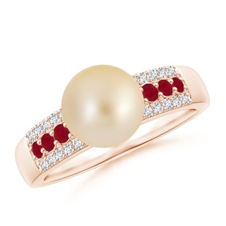 8mm AA Golden South Sea Pearl Ring with Rubies in Rose Gold