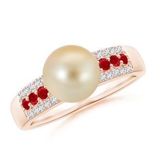 8mm AAA Golden South Sea Pearl Ring with Rubies in Rose Gold