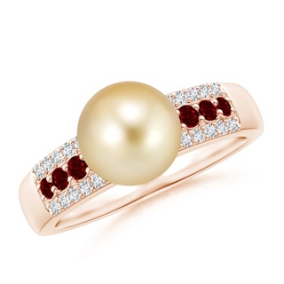 8mm AAAA Golden South Sea Pearl Ring with Rubies in Rose Gold