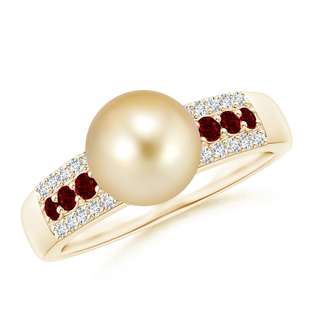 8mm AAAA Golden South Sea Pearl Ring with Rubies in Yellow Gold