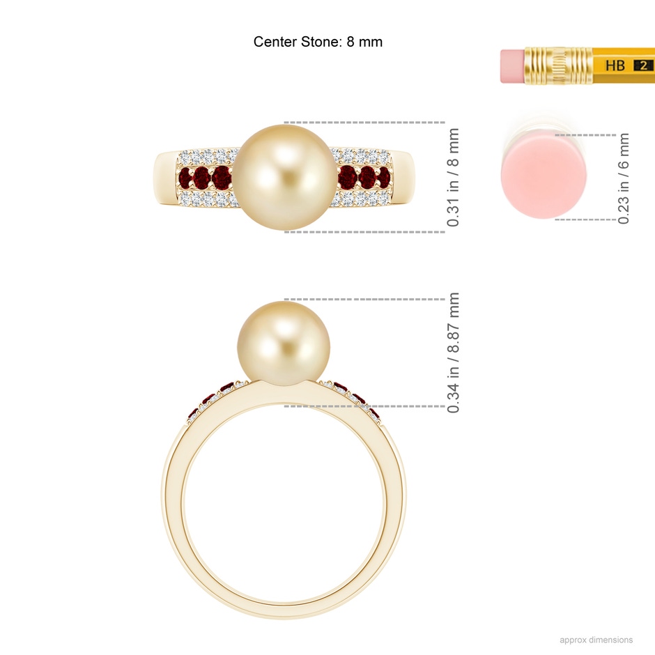 8mm AAAA Golden South Sea Pearl Ring with Rubies in Yellow Gold ruler