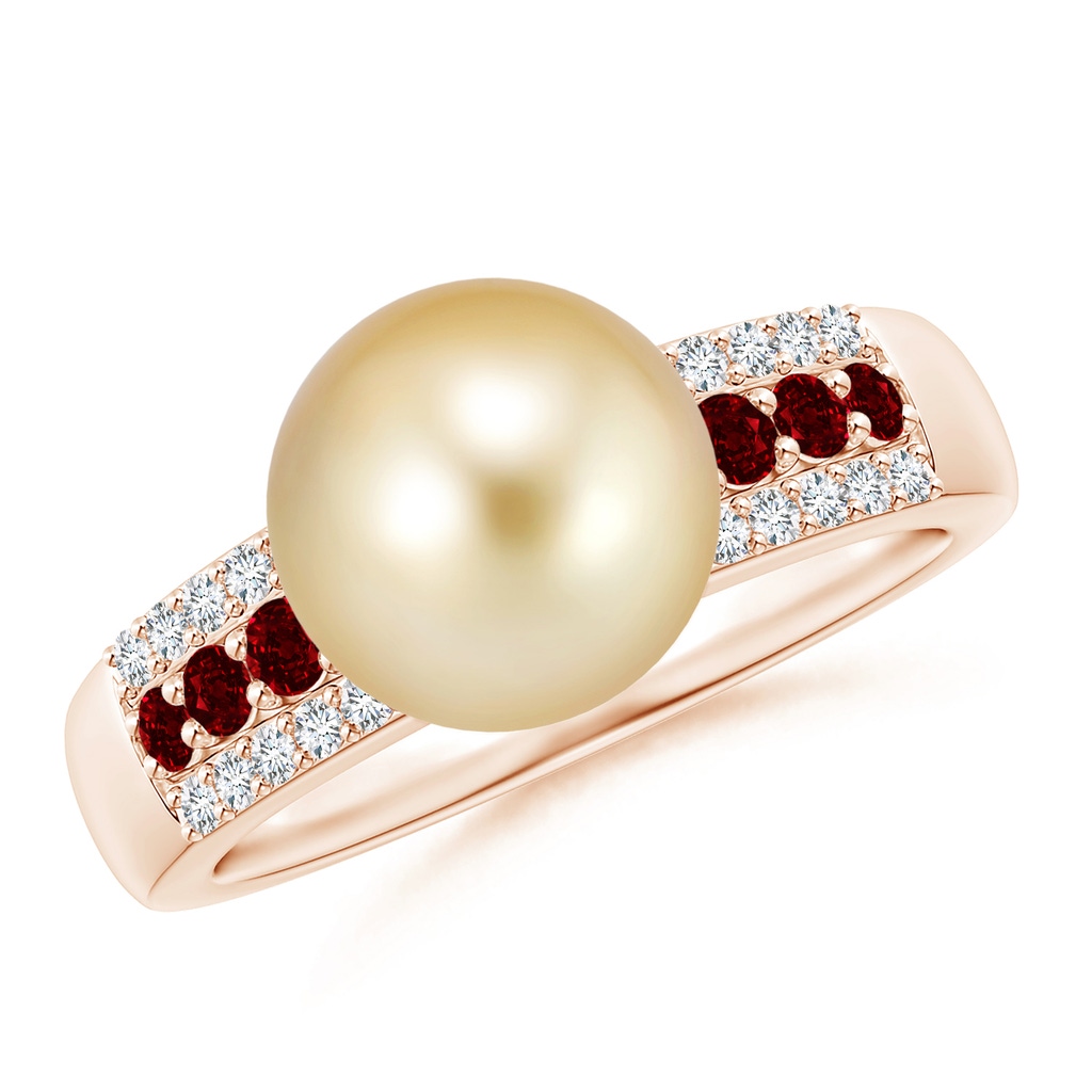 9mm AAAA Golden South Sea Pearl Ring with Rubies in Rose Gold