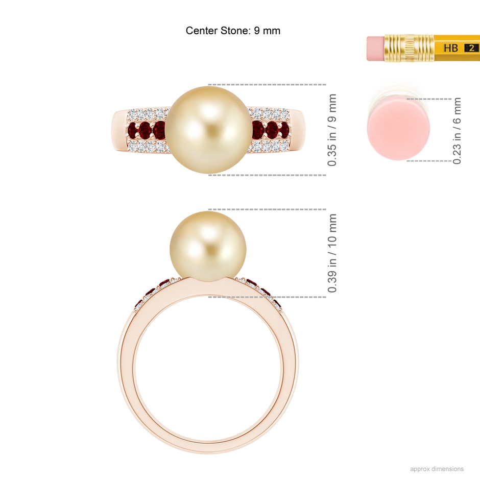 9mm AAAA Golden South Sea Pearl Ring with Rubies in Rose Gold Ruler