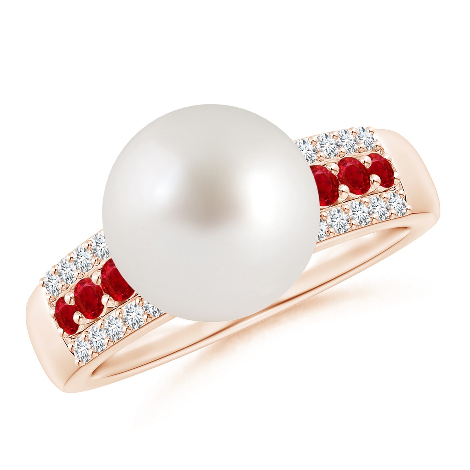10mm AAA South Sea Pearl Ring with Rubies in Rose Gold 