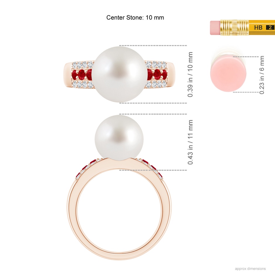 10mm AAA South Sea Pearl Ring with Rubies in Rose Gold ruler