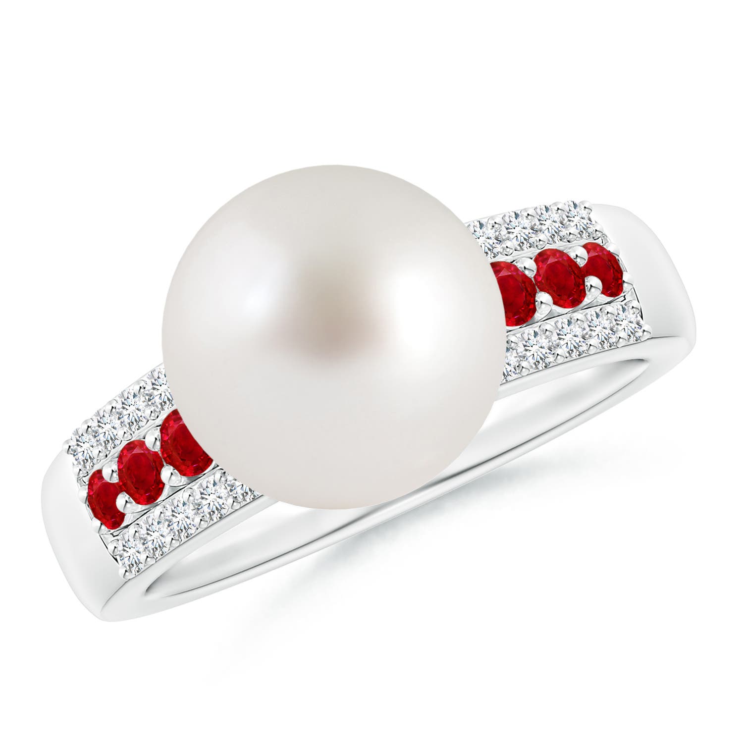 10mm AAA South Sea Pearl Ring with Rubies in White Gold