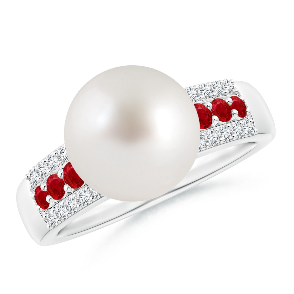 10mm AAA South Sea Pearl Ring with Rubies in White Gold 
