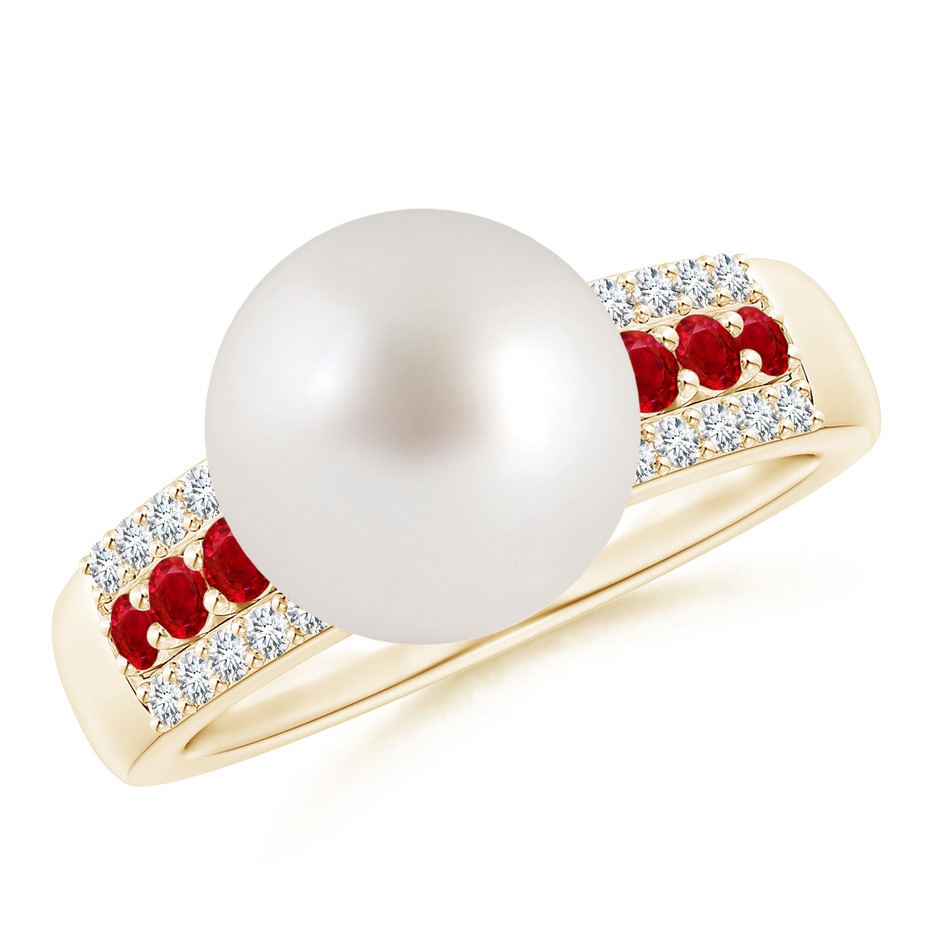 10mm AAA South Sea Pearl Ring with Rubies in Yellow Gold 