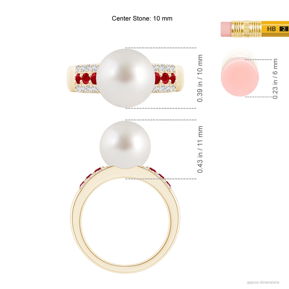 10mm AAA South Sea Pearl Ring with Rubies in Yellow Gold ruler