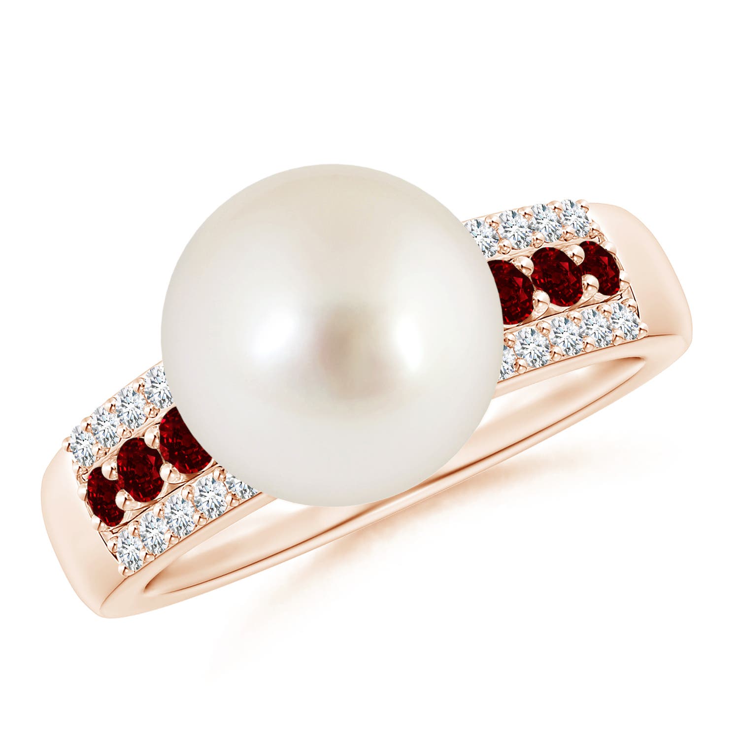 10mm AAAA South Sea Pearl Ring with Rubies in Rose Gold