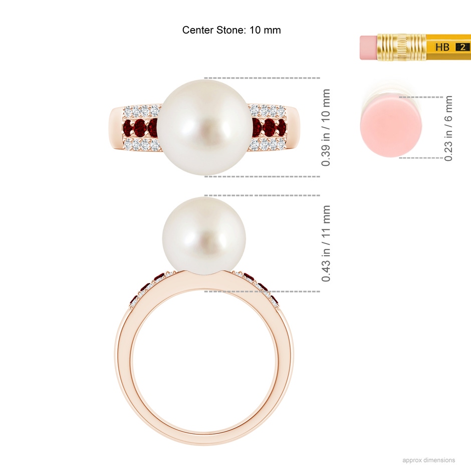 10mm AAAA South Sea Pearl Ring with Rubies in Rose Gold ruler