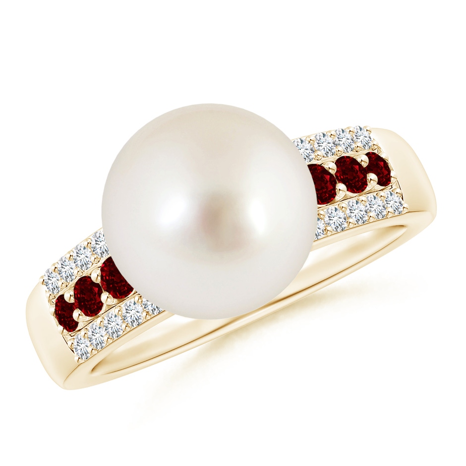 10mm AAAA South Sea Pearl Ring with Rubies in Yellow Gold 