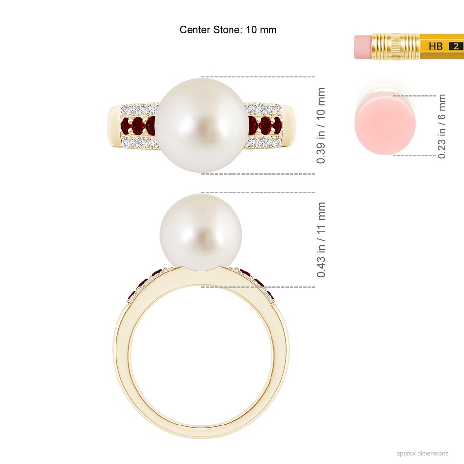10mm AAAA South Sea Pearl Ring with Rubies in Yellow Gold ruler