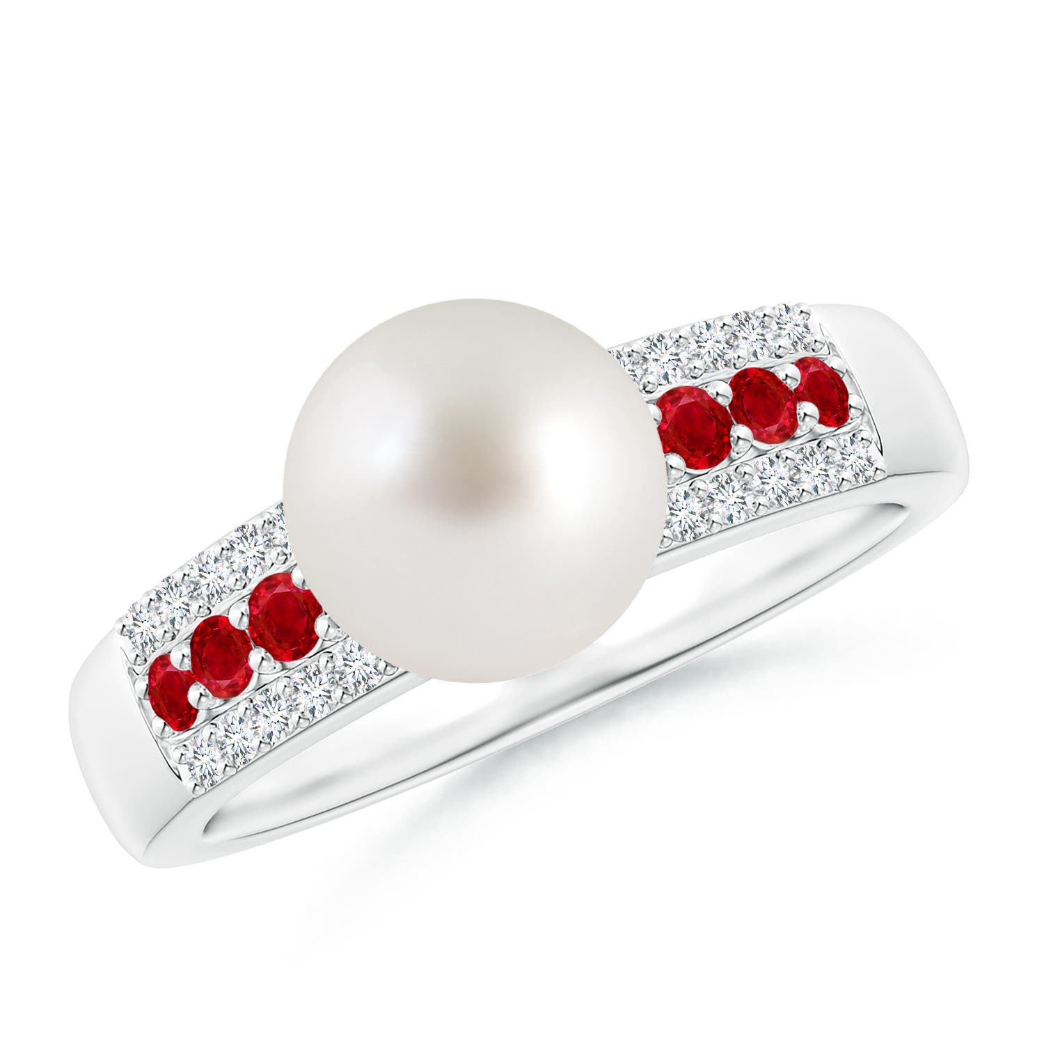8mm AAA South Sea Pearl Ring with Rubies in White Gold