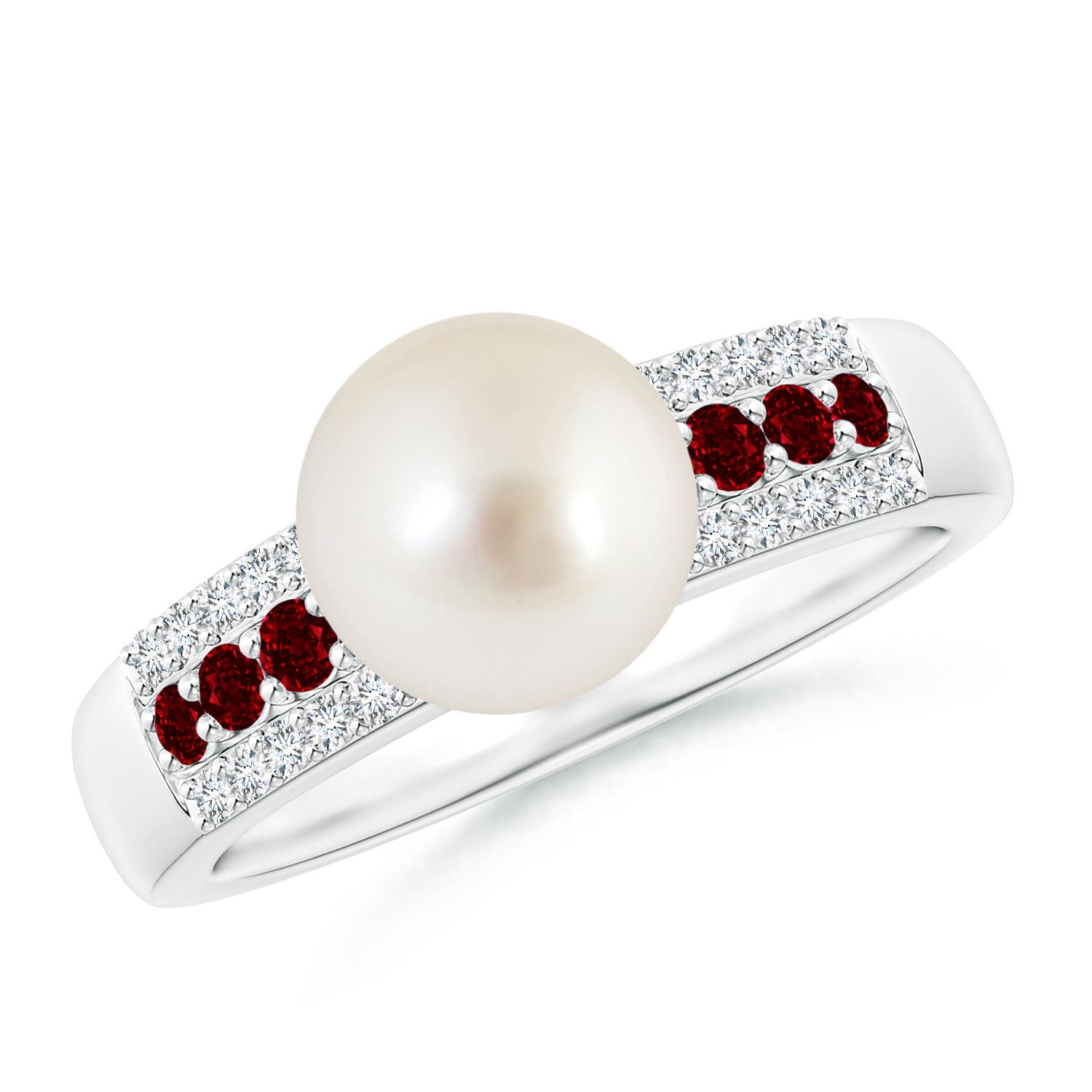 8mm AAAA South Sea Pearl Ring with Rubies in White Gold
