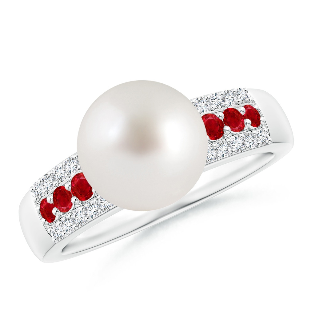 9mm AAA South Sea Pearl Ring with Rubies in White Gold