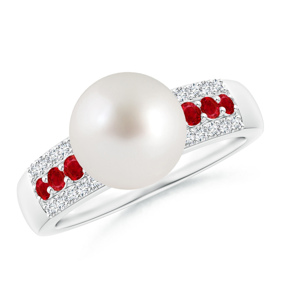 9mm AAA South Sea Pearl Ring with Rubies in White Gold 