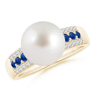 10mm AAA South Sea Pearl Ring with Sapphires in Yellow Gold