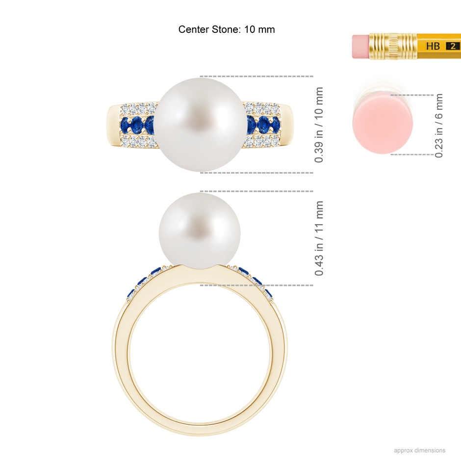 10mm AAA South Sea Pearl Ring with Sapphires in Yellow Gold ruler