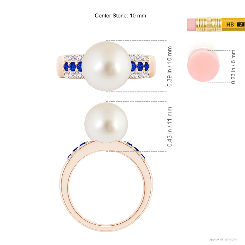 10mm AAAA South Sea Pearl Ring with Sapphires in Rose Gold ruler