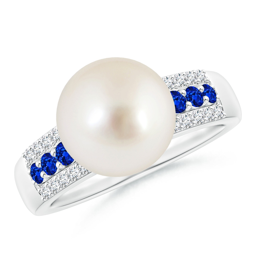 10mm AAAA South Sea Pearl Ring with Sapphires in White Gold