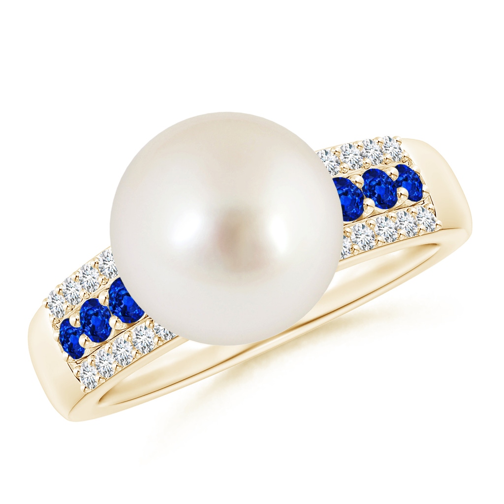 10mm AAAA South Sea Pearl Ring with Sapphires in Yellow Gold