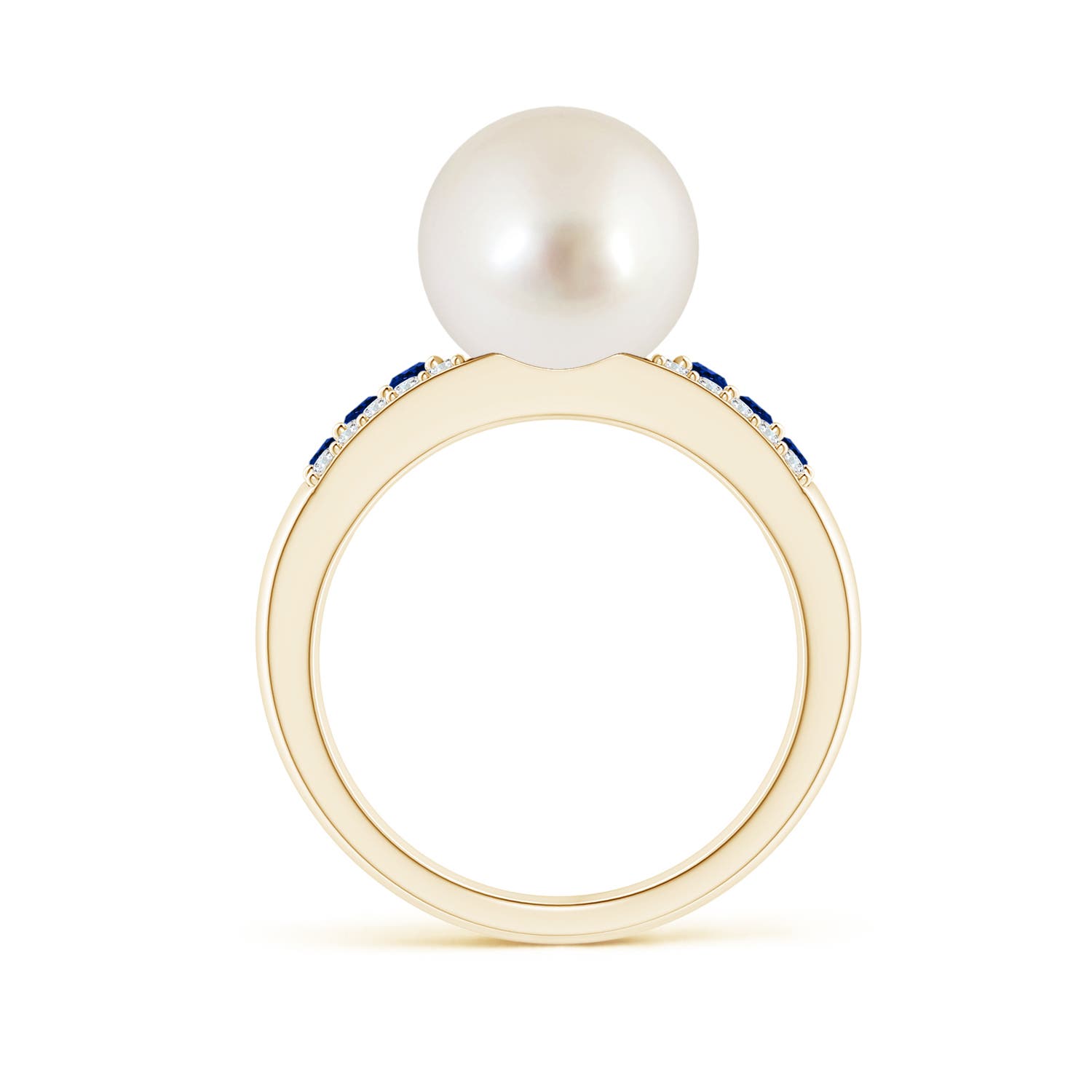 10mm AAAA South Sea Pearl Ring with Sapphires in Yellow Gold - side 1
