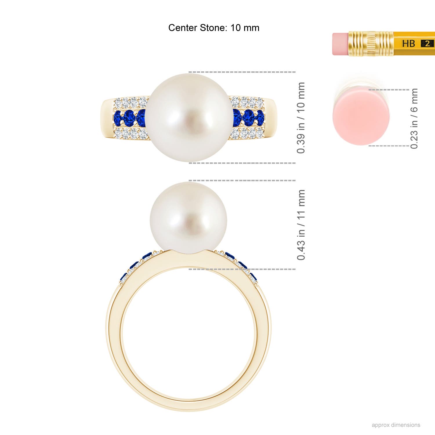 10mm AAAA South Sea Pearl Ring with Sapphires in Yellow Gold - ruler