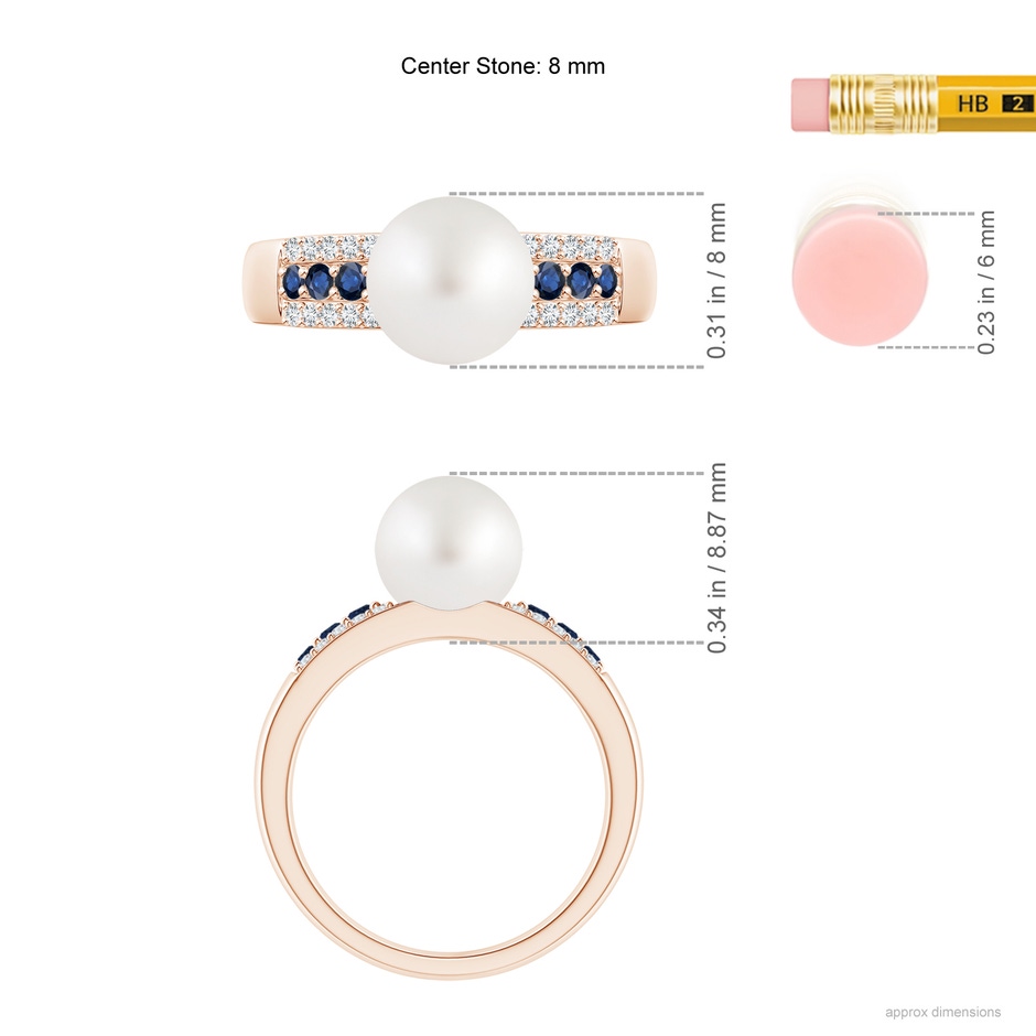 8mm AA South Sea Pearl Ring with Sapphires in Rose Gold ruler