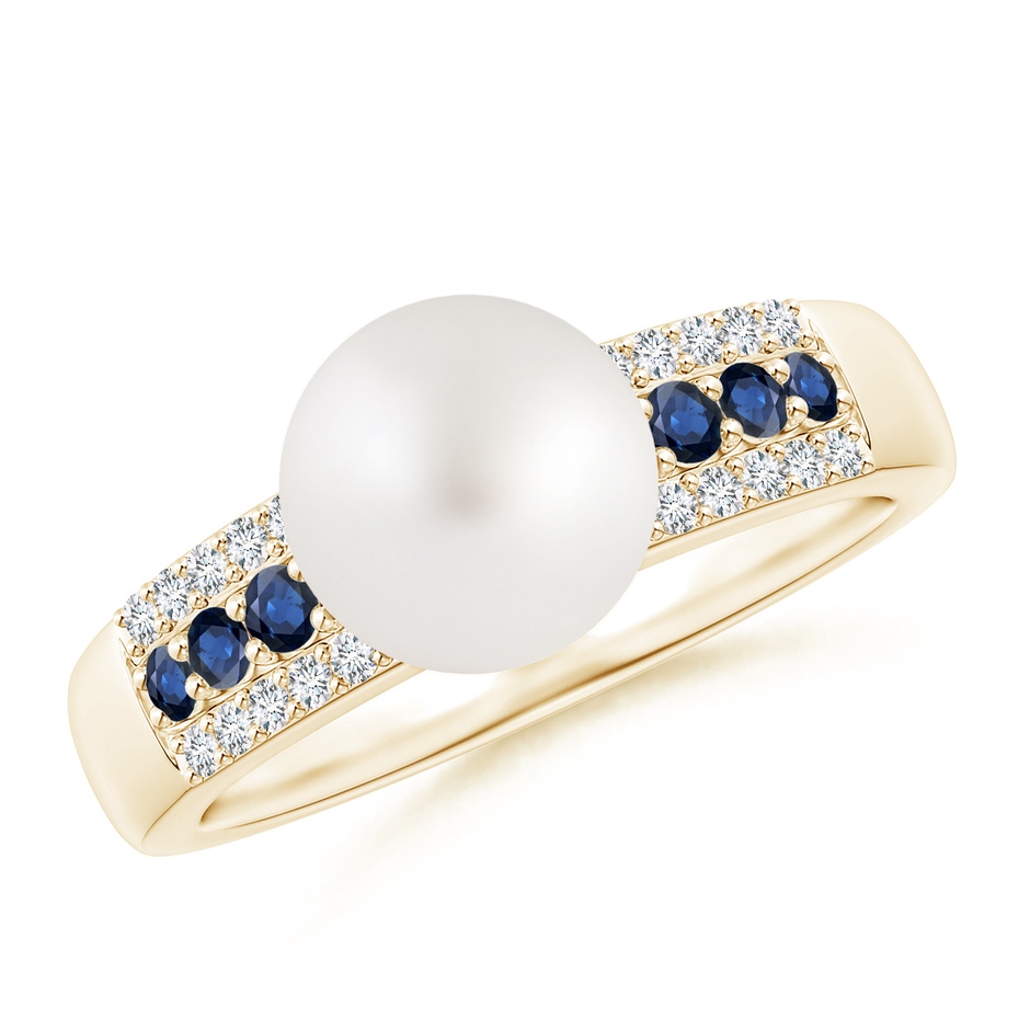8mm AA South Sea Pearl Ring with Sapphires in Yellow Gold 